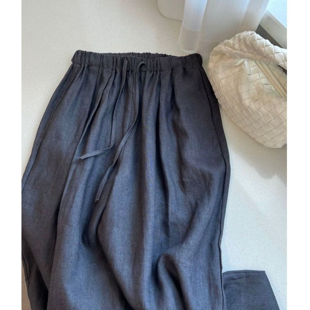 Wide Leg Linen Pants with Drawstring for Women - Monica