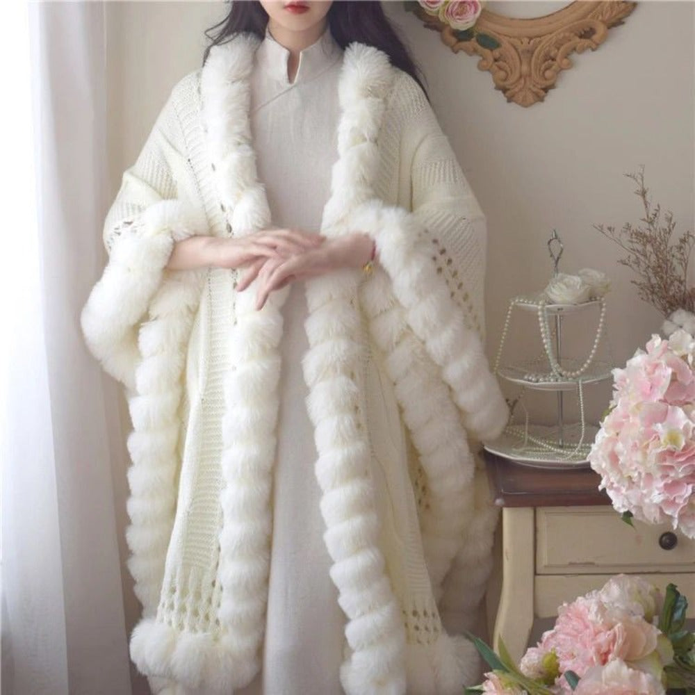 White Knit Cape with Faux Fur Trim for Women - Monica