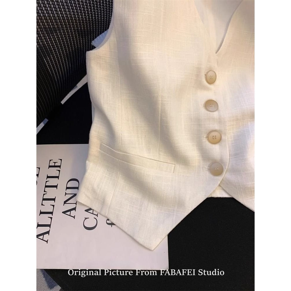 White Button Down Linen Vest Top for Women - Carmela