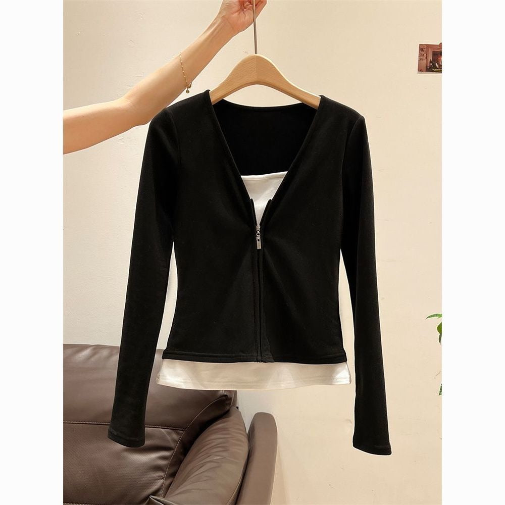 Black Long Sleeve Zip Up Shirt for Women - Alba