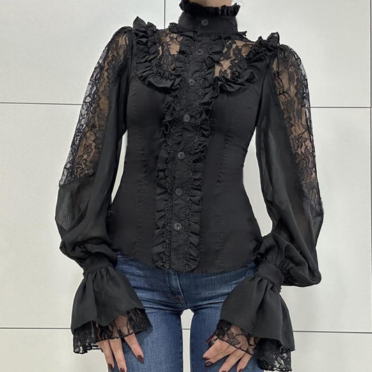 Black Lace Long Sleeve Button Blouse with Ruffles for Women - Olimpia