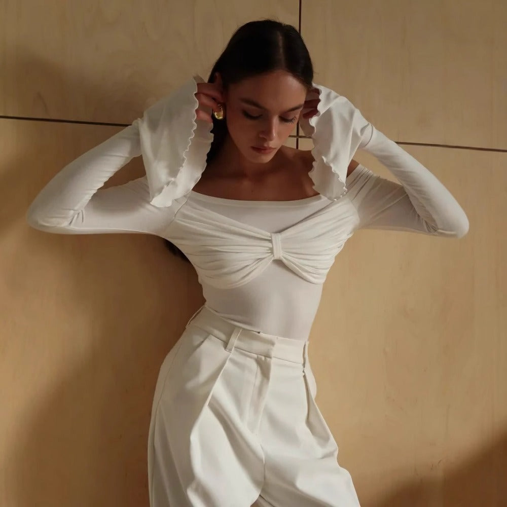 Off Shoulder Long Sleeve Top with Flared Cuffs for Women - Orsola