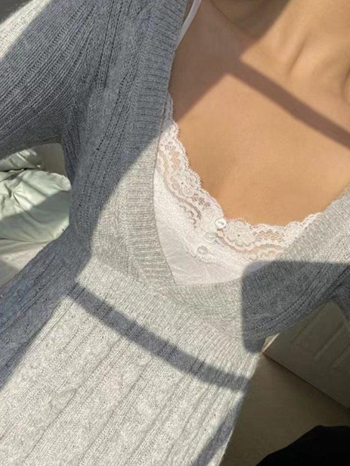 Vintage Gray V-Neck Crochet A Line Hem Sweater