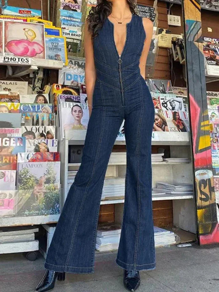 Vintage High Rise Denim Jumpsuit mit Reißverschluss