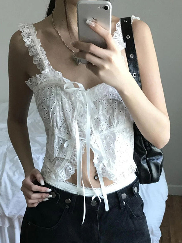 White Fairycore Jacquard Lace Splicing Lace Up Cami Top