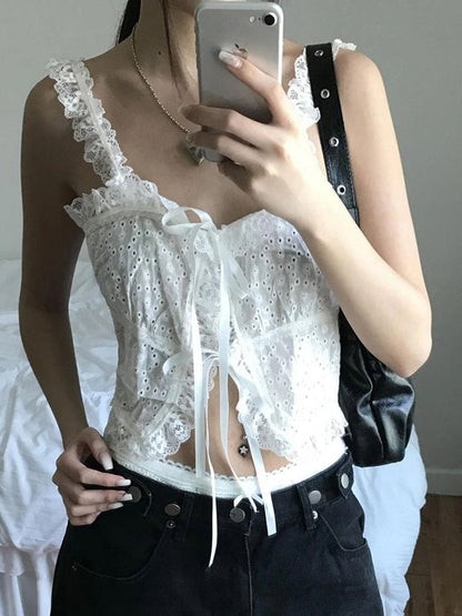 Top camisola con encaje jacquard de Fairycore blanco con empalmes de encaje