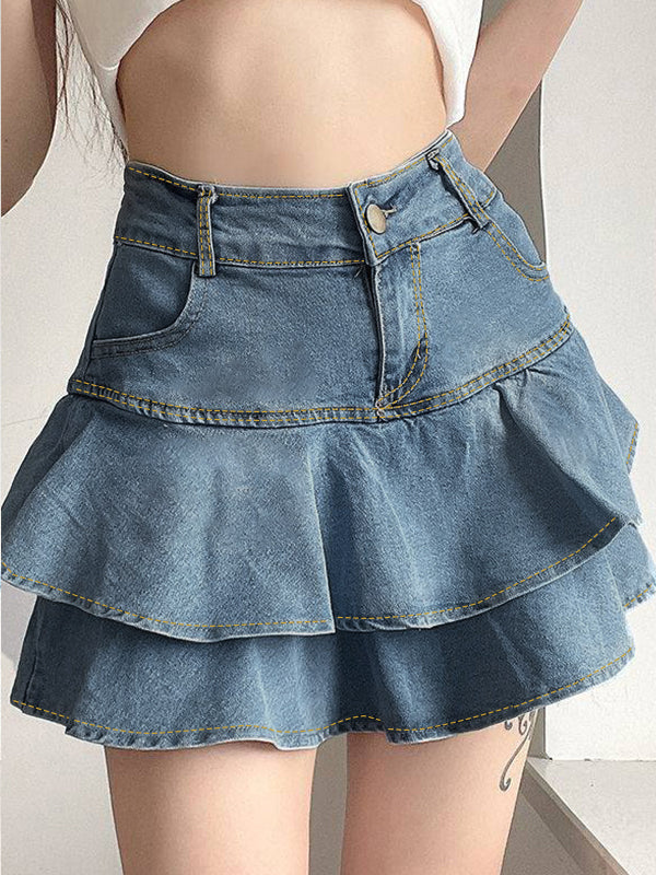 Blue Vintage High Rise Tiered Denim Mini Skirt