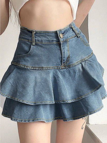 Blue Vintage High Rise Tiered Denim Mini falda