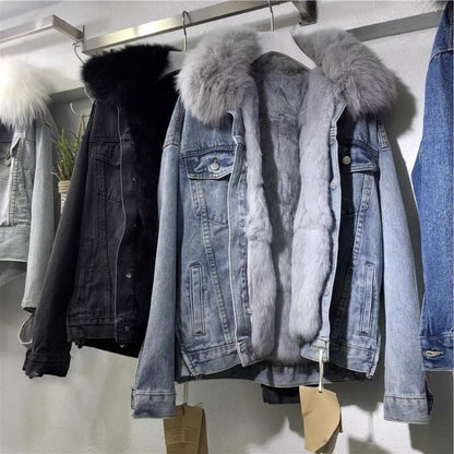 Denim Jacket with Faux Fur Hood for Women - Floriana