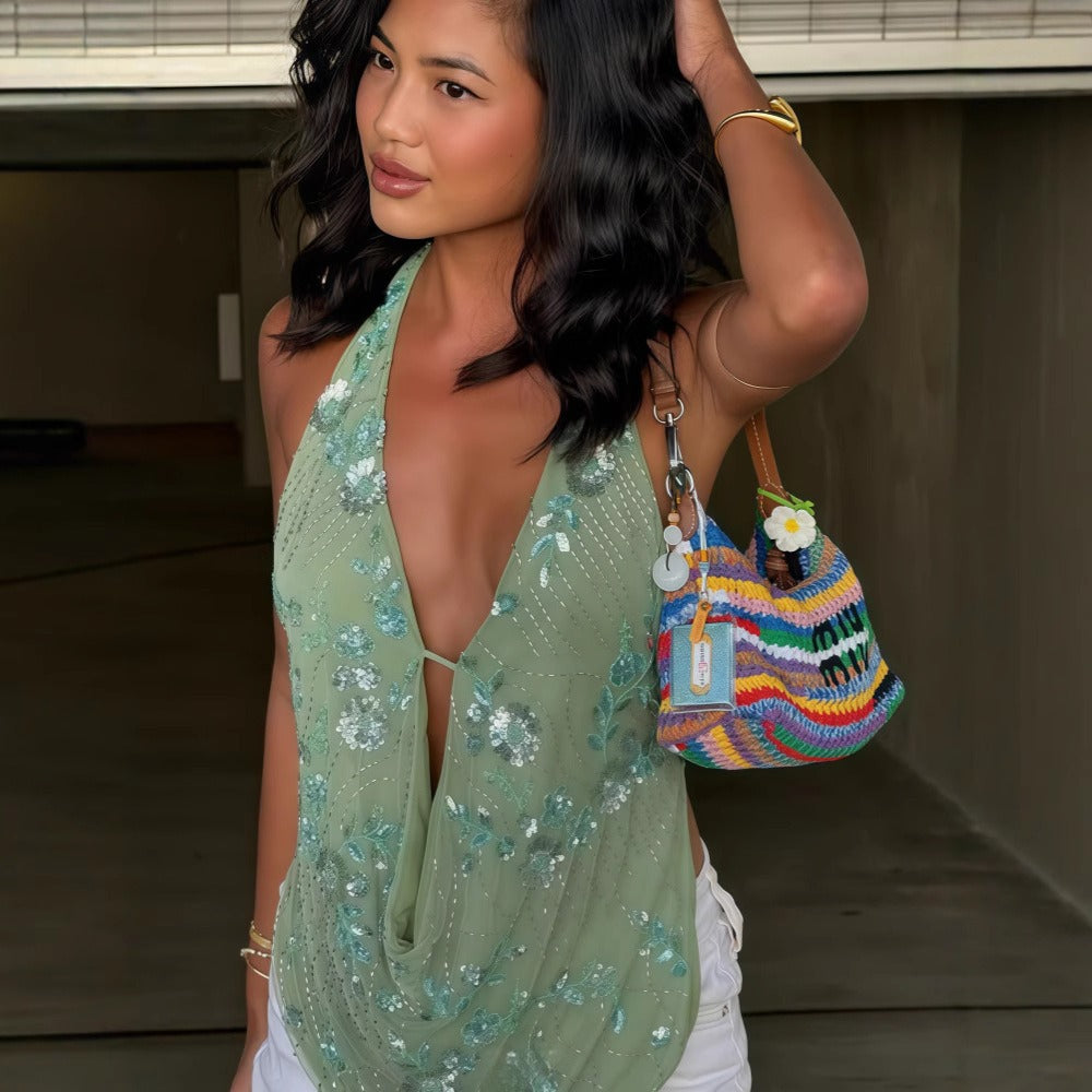 Halter Top with Floral Sequin Detail for Women - Irene