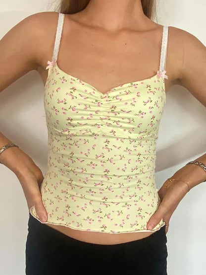 Yellow Y2K Ruched Crop Top with Floral Print