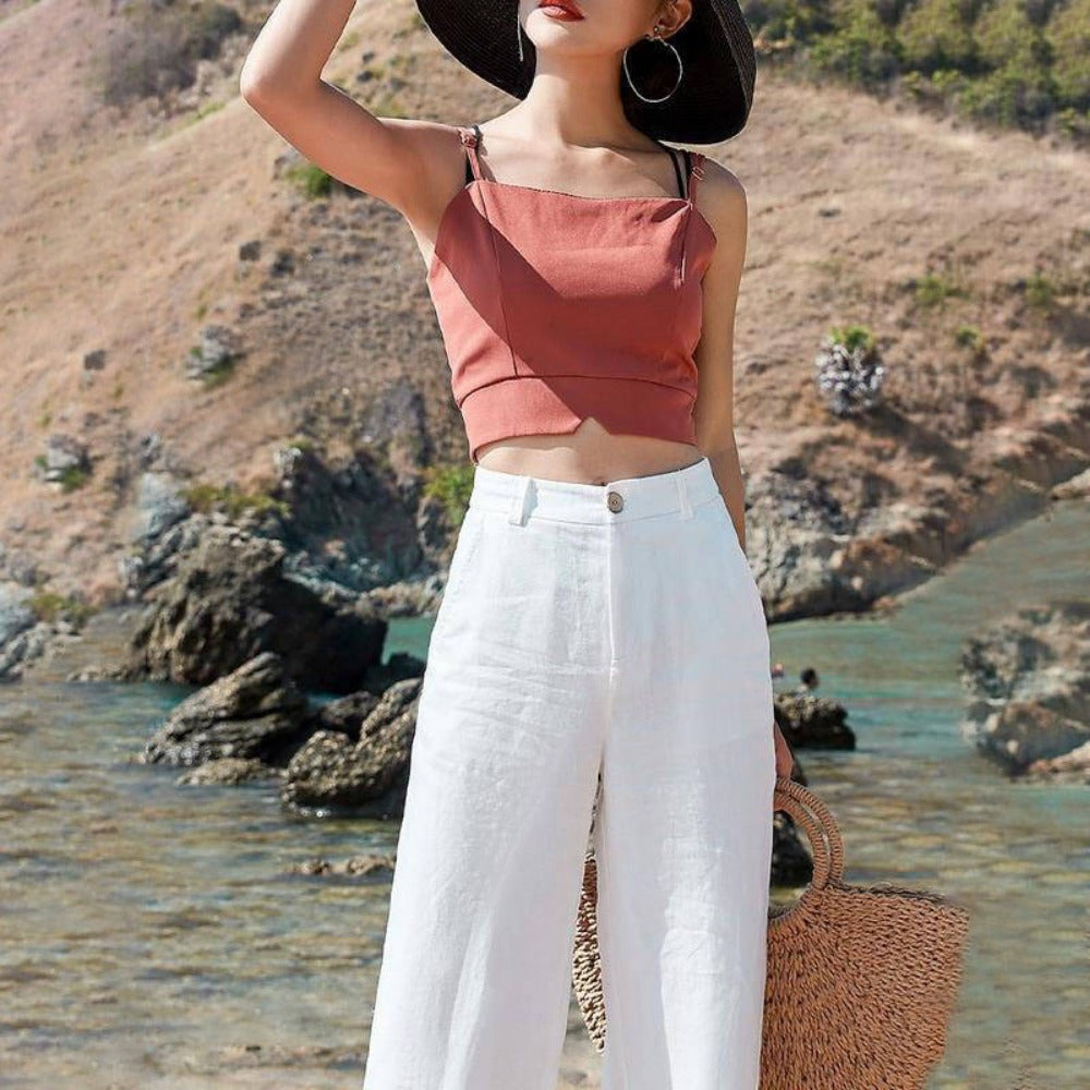 White High Waisted Wide Leg Pants for Women - Fernanda