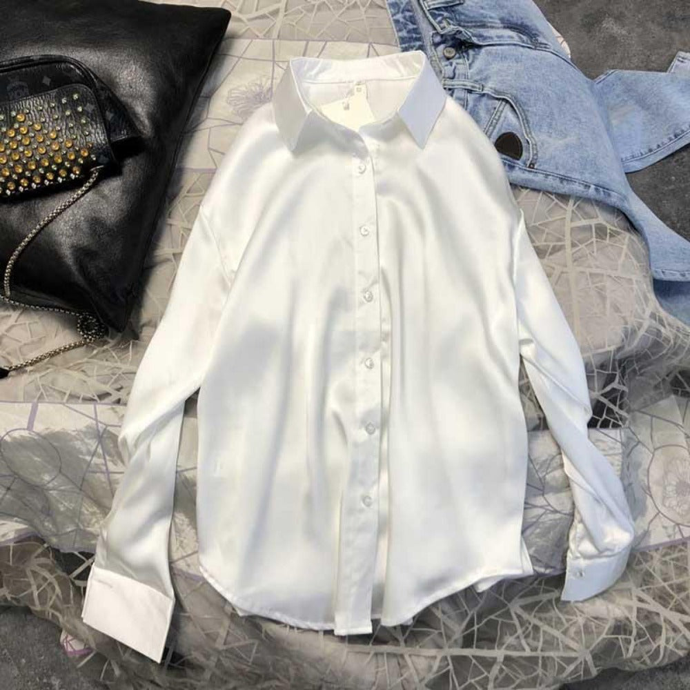 Satin Button Up Long Sleeve Shirt for Women - Leonia