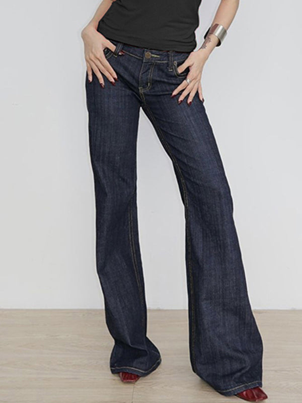 Dark Blue Basic Low Waist Flare Jeans