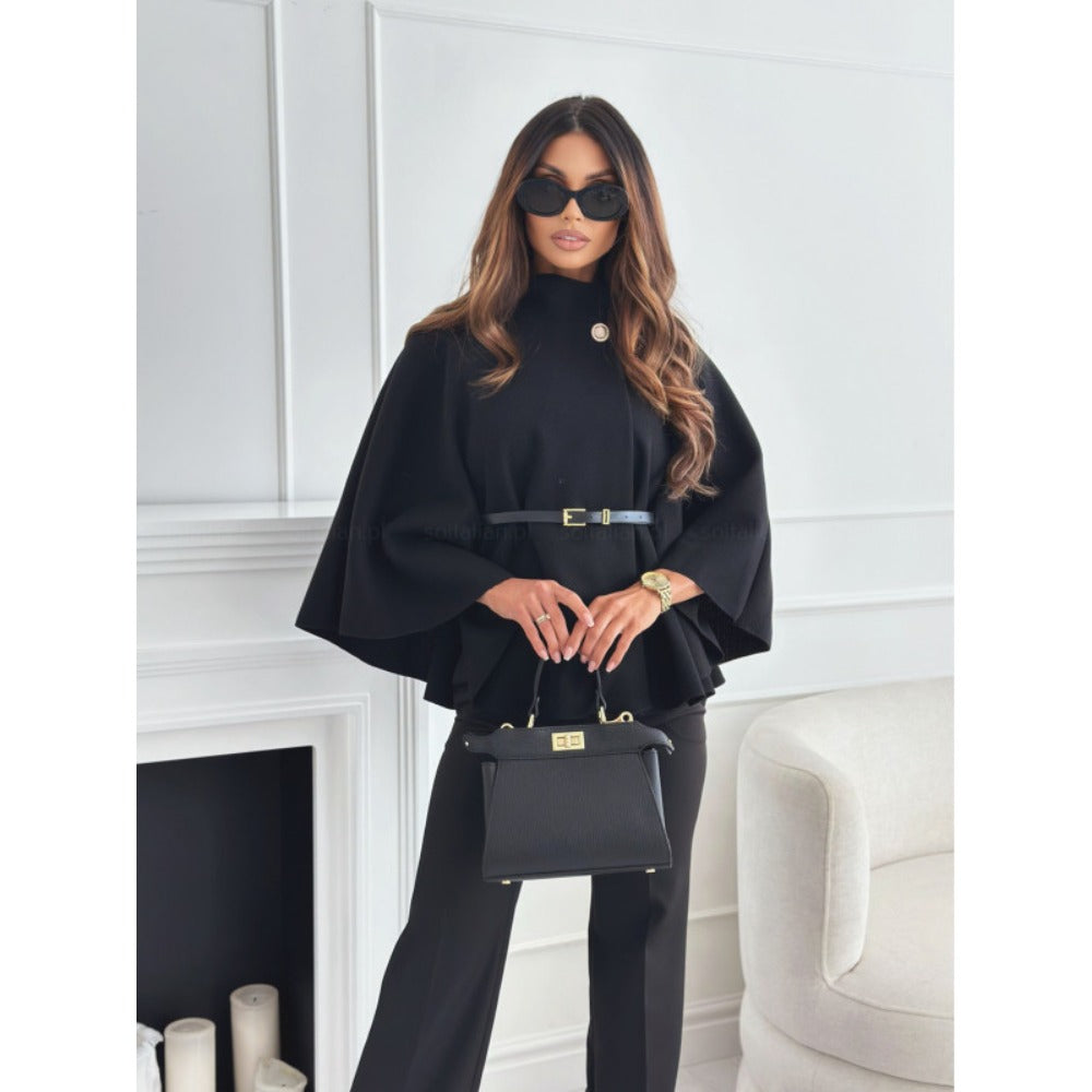 Belted Cape Coat with Wide Sleeves for Women - Zita