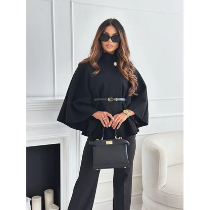 Belted Cape Coat with Wide Sleeves for Women - Zita