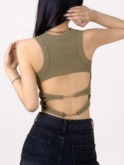 Solid Color Y2k Metal Buckle Backless Tank Top