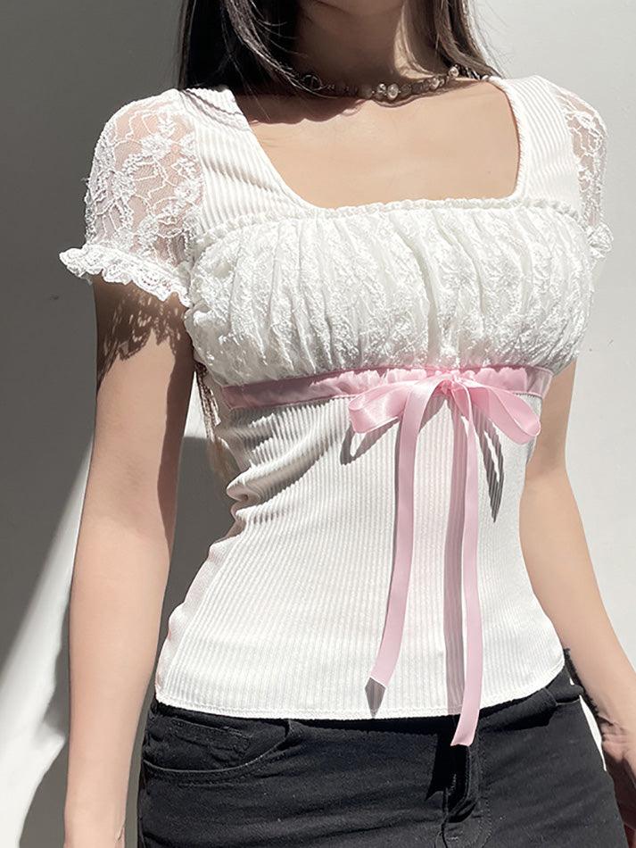 White Y2K Bow Lace Patchwork Bubble Sleeve Top