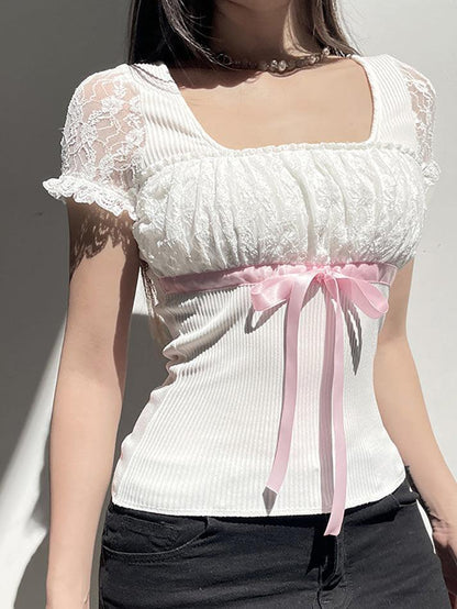 White Sweet Bow Lace Splicing Bubble Sleeve Top