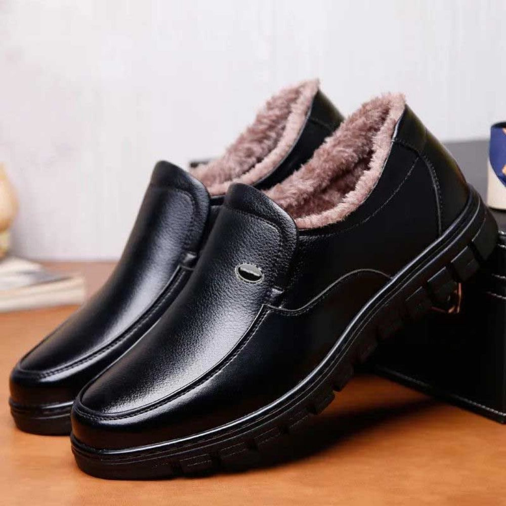 Black Leather Winter Warm Slip On Shoes for Men - Capitolina