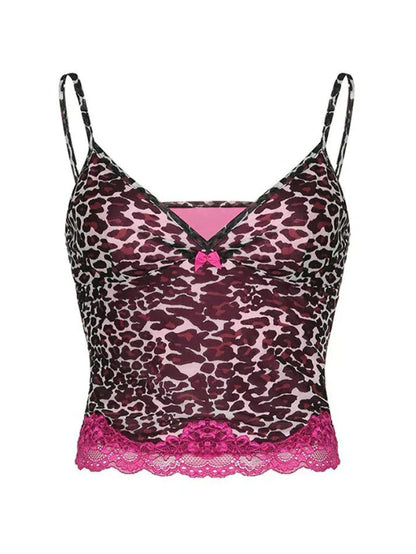 Pink Vintage Leopard Print Lace Stitching Cami Top