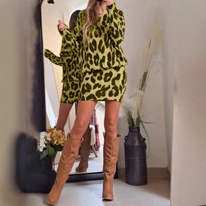 Leopard Print Knit Sweater and Skirt Set for Women - Oria