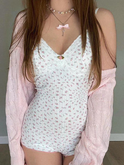 White Sweet Ditsy Floral Print Lace Trim V Neck Sleeveless Jumpsuit