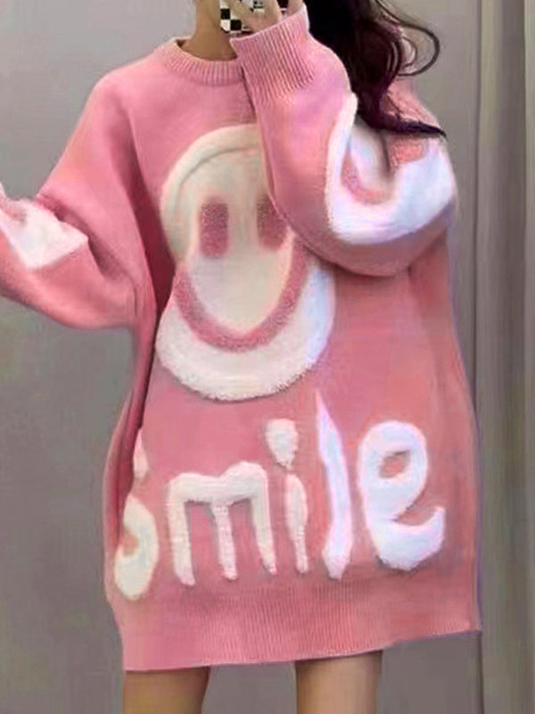 Solid Color Y2k Smile Print Thicken Loose Sweater