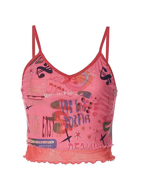 Pink Vintage Irregular Slim Cami Top with Fungus Print