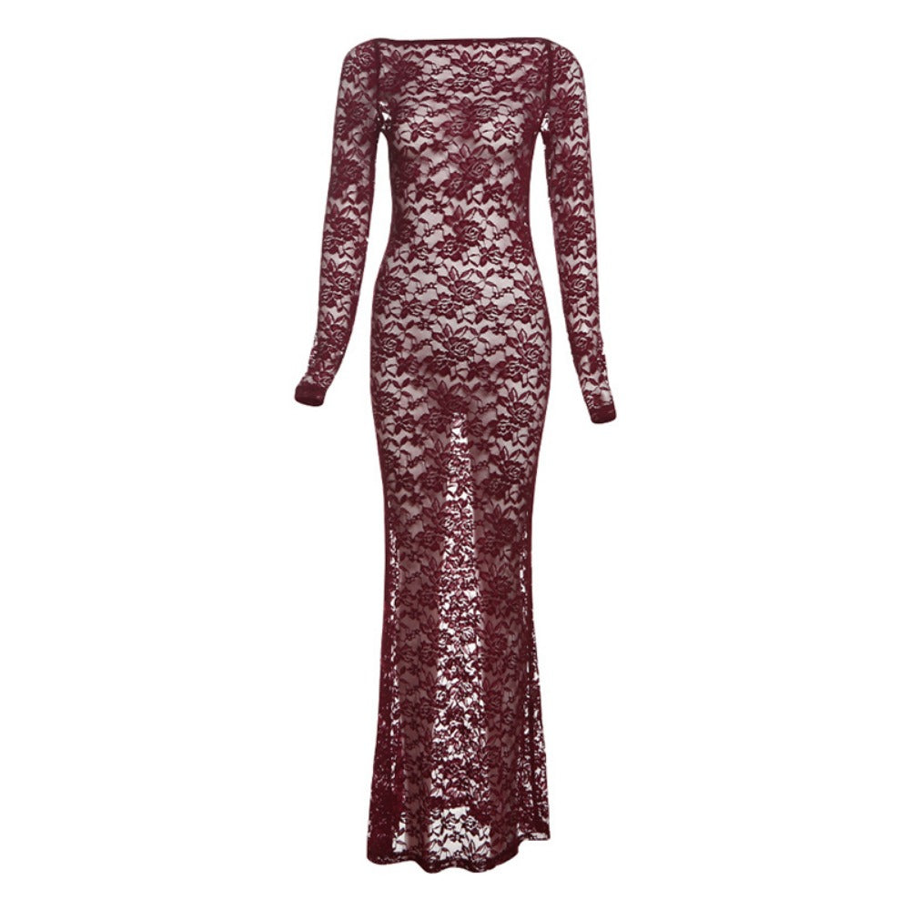 Burgundy Lace Long Sleeve Maxi Dress for Women - Miriam
