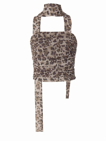 Top de tubo ajustado con cuello halter y malla con estampado de leopardo retro