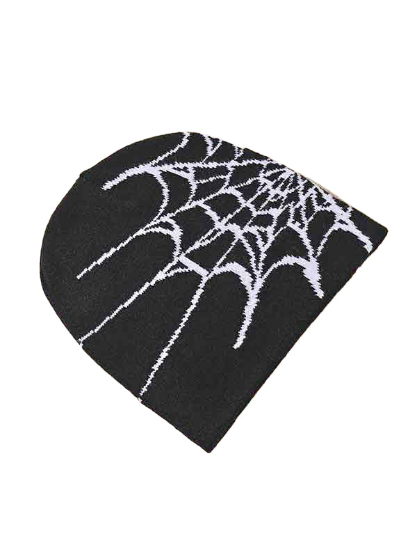 Punk Schwarze Beanie Mütze mit Spinnennetz Design