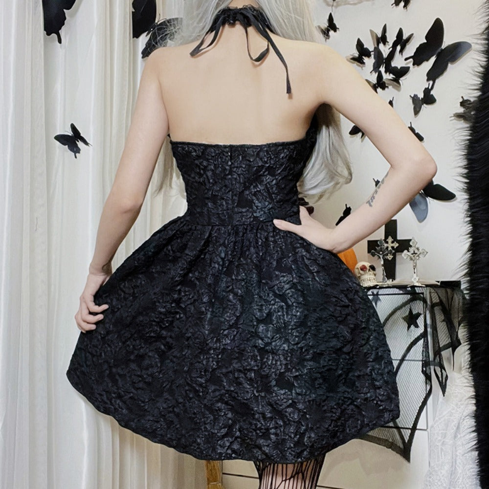 Black Lace Halter Mini Dress with Corset Detail for Women - Linda
