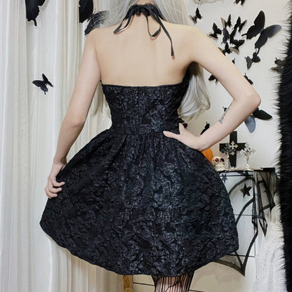 Black Lace Halter Mini Dress with Corset Detail for Women - Linda