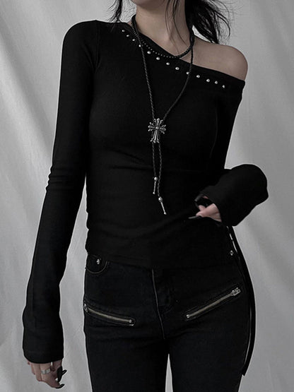 Black Y2k One Shoulder Rivet Long Sleeve Tee