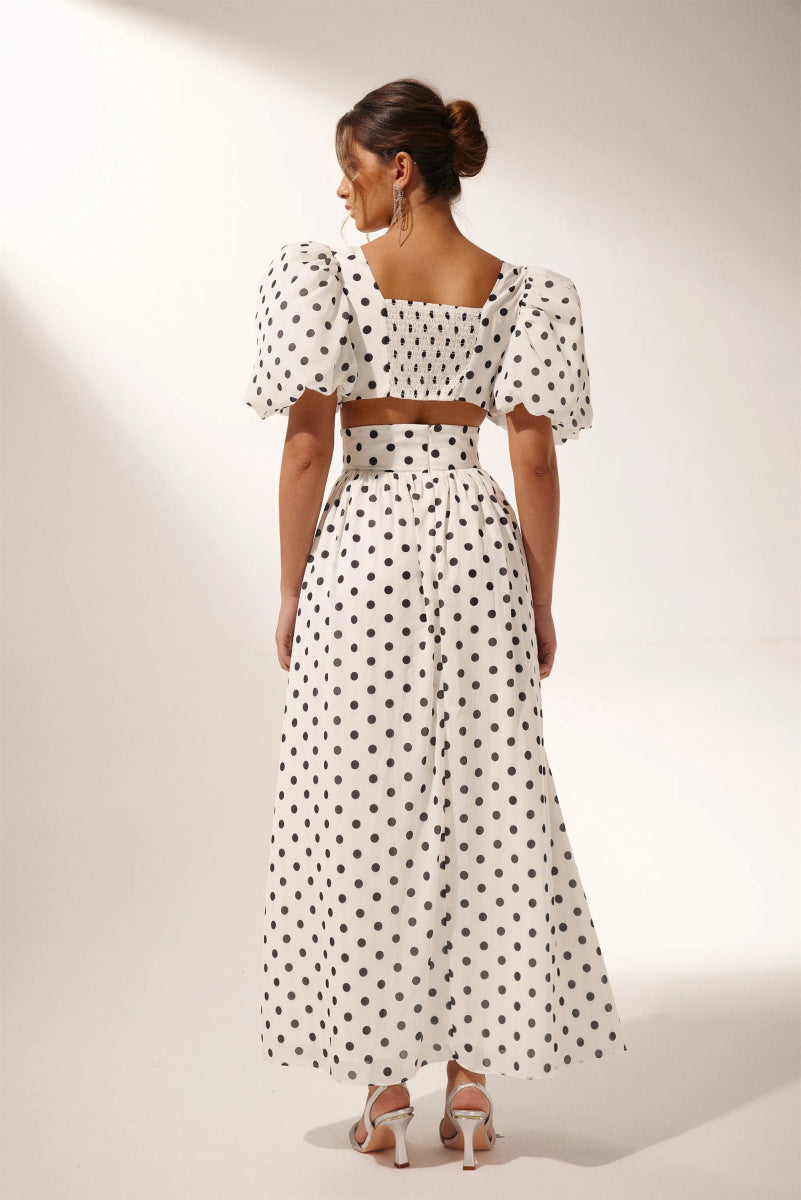 White Polka Dot Maxi Dress with Side Slit for Women - Lelia