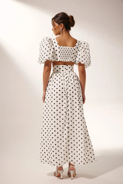 White Polka Dot Maxi Dress with Side Slit for Women - Lelia