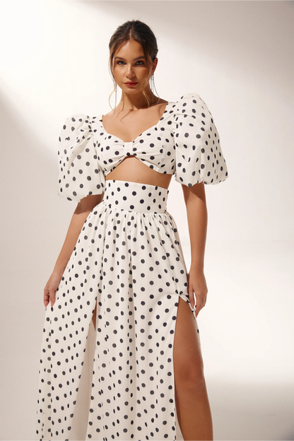 White Polka Dot Maxi Dress with Side Slit for Women - Lelia