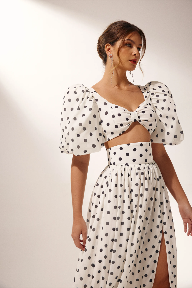 White Polka Dot Maxi Dress with Side Slit for Women - Lelia