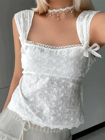 Vintage White Embroidered Tank Top with Bow Lace