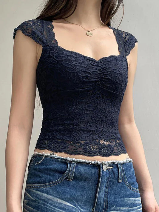 Navy Blue Vintage Lace Slim Short Sleeve Tee