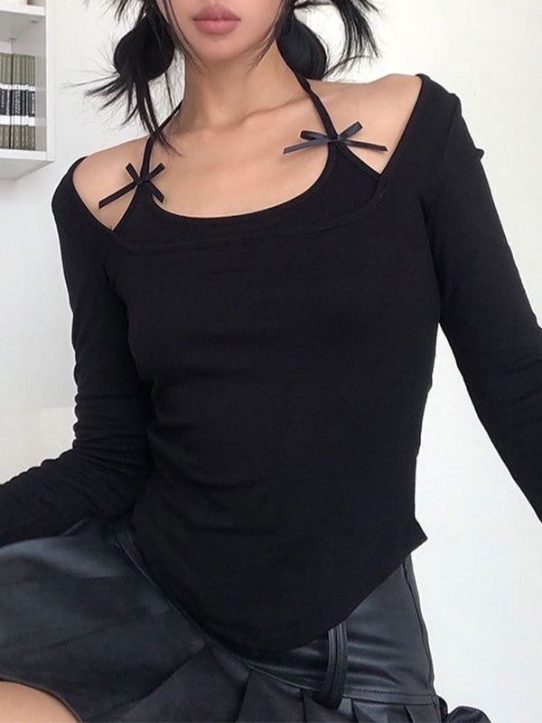 Black Vintage Halter Long Sleeve Tee with Bow Decor