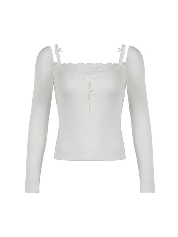 White Lace Stitching Bow Cutout Long Sleeve Knits