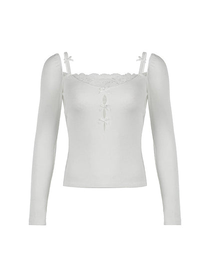 White Lace Stitching Bow Cutout Long Sleeve Knits