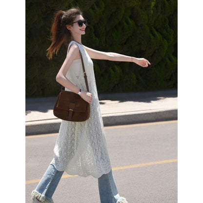 White Sleeveless Lace Long Vest for Women - Alina