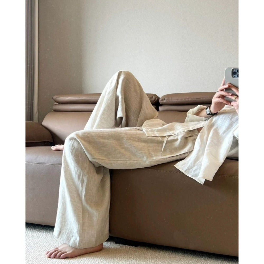 Wide Leg Linen Pants with Drawstring for Women - Monica
