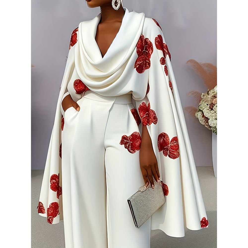 White Draped Long Sleeve Shirt with Red Floral Print for Women - Adelaide