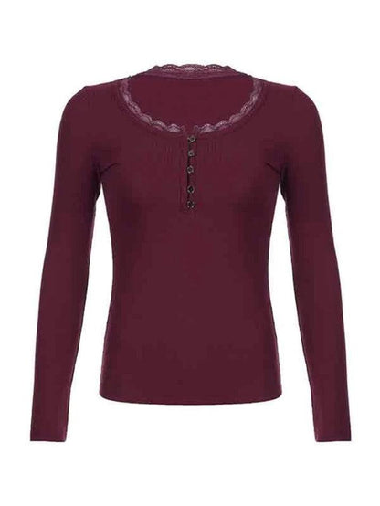 Y2k Red Solid Lace Trim Breasted Long Sleeve Knit