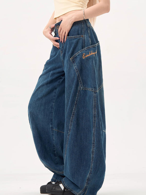 Vintage Blue Large Pocket Wide Scimitar Boyfriend Jeans