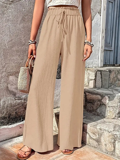 Pantalones casuales de cintura alta con cordón y color sólido 